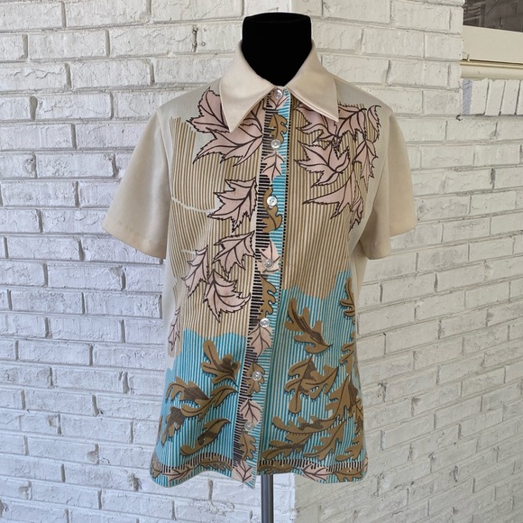 Vintage 70s Dagger Collar Button Down Leaf Shirt